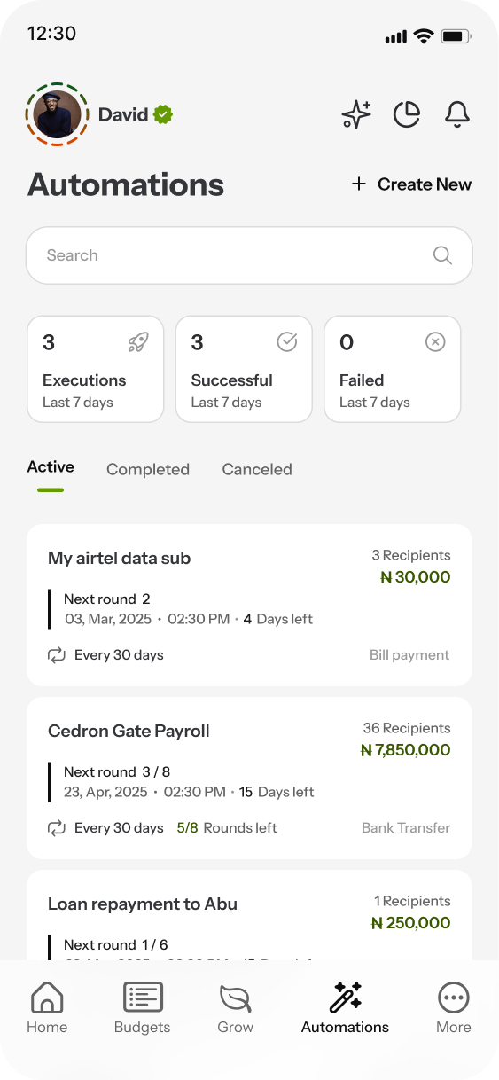 Delight's automations screen showing scheduled recurring payments for data subscriptions, payroll, and loan repayments